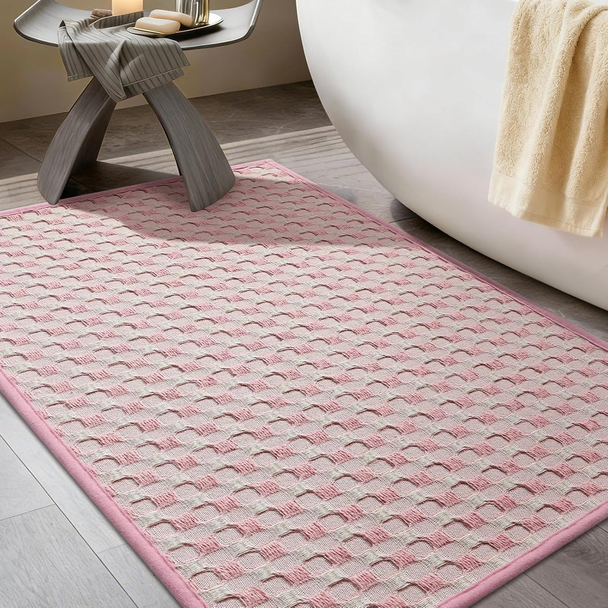 Bathroom Rugs 16" x 24", Ultra Thin Checkered Weave Bath Mat - Soft Absorbent Quick Dry Bath Mat, Machine Washable Non Slip Bath Rugs for Bathroom, Shower and Tub, Pink White