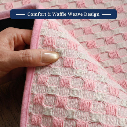 Bathroom Rugs 16" x 24", Ultra Thin Checkered Weave Bath Mat - Soft Absorbent Quick Dry Bath Mat, Machine Washable Non Slip Bath Rugs for Bathroom, Shower and Tub, Pink White