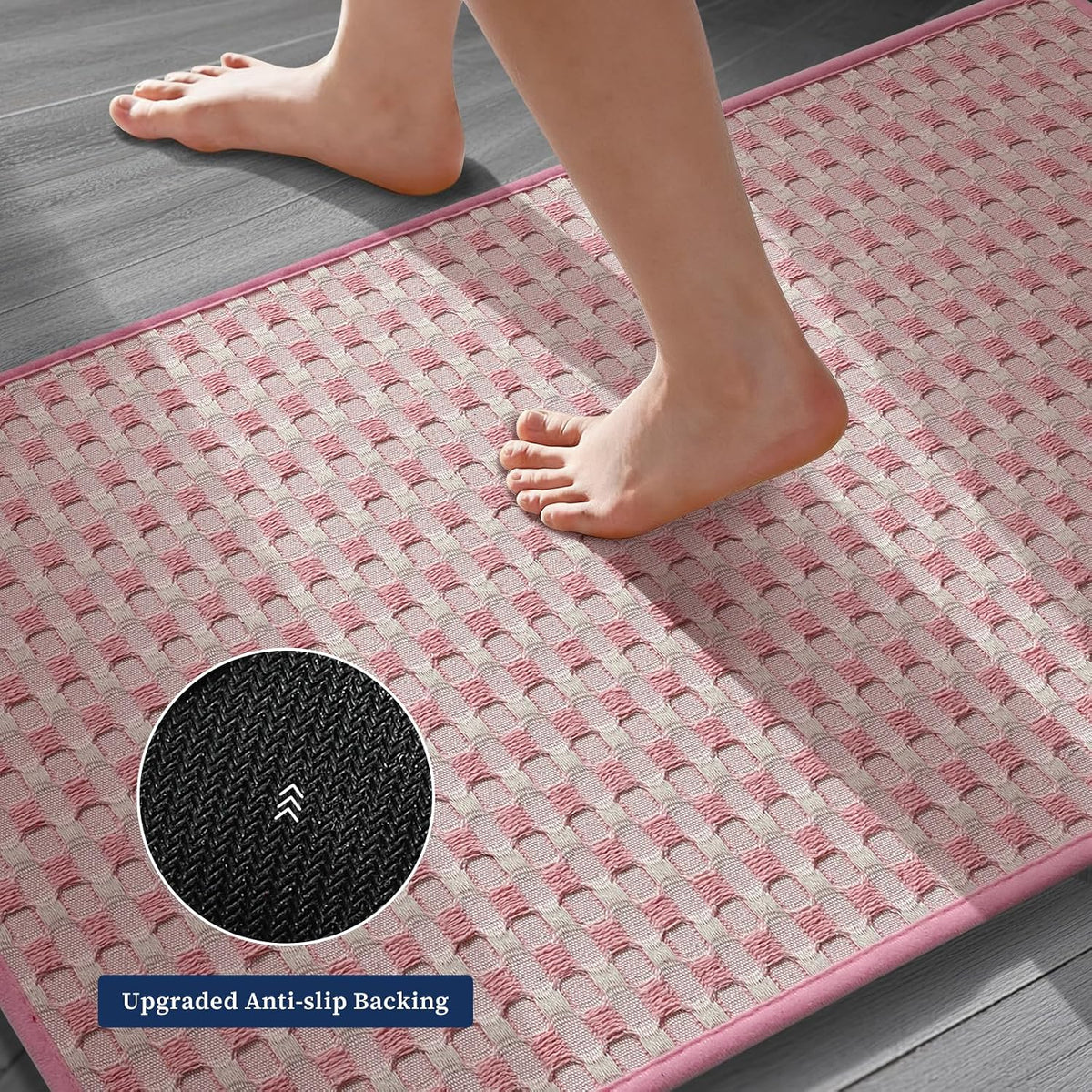 Bathroom Rugs 16" x 24", Ultra Thin Checkered Weave Bath Mat - Soft Absorbent Quick Dry Bath Mat, Machine Washable Non Slip Bath Rugs for Bathroom, Shower and Tub, Pink White