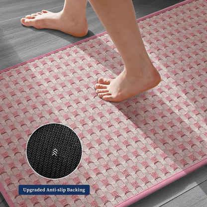 Bathroom Rugs 16" x 24", Ultra Thin Checkered Weave Bath Mat - Soft Absorbent Quick Dry Bath Mat, Machine Washable Non Slip Bath Rugs for Bathroom, Shower and Tub, Pink White