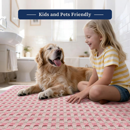 Bathroom Rugs 16" x 24", Ultra Thin Checkered Weave Bath Mat - Soft Absorbent Quick Dry Bath Mat, Machine Washable Non Slip Bath Rugs for Bathroom, Shower and Tub, Pink White