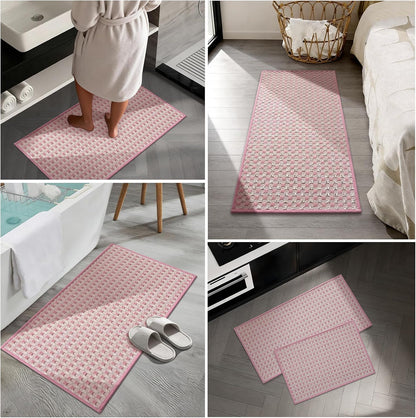 Bathroom Rugs 16" x 24", Ultra Thin Checkered Weave Bath Mat - Soft Absorbent Quick Dry Bath Mat, Machine Washable Non Slip Bath Rugs for Bathroom, Shower and Tub, Pink White