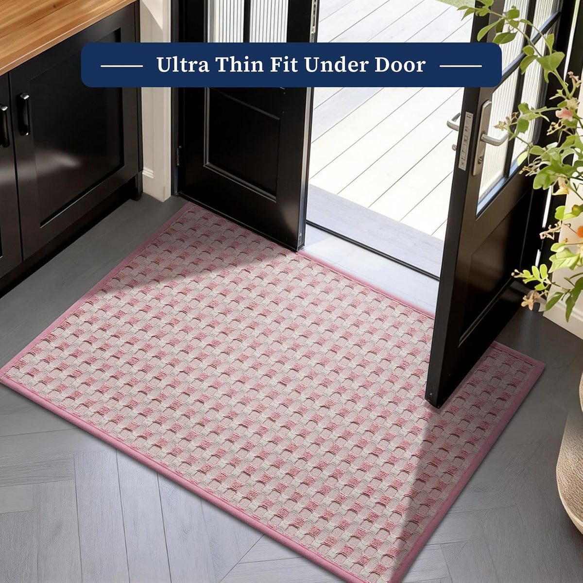 Bathroom Rugs 16" x 24", Ultra Thin Checkered Weave Bath Mat - Soft Absorbent Quick Dry Bath Mat, Machine Washable Non Slip Bath Rugs for Bathroom, Shower and Tub, Pink White