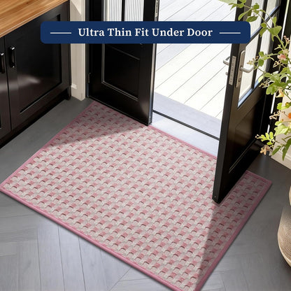 Bathroom Rugs 16" x 24", Ultra Thin Checkered Weave Bath Mat - Soft Absorbent Quick Dry Bath Mat, Machine Washable Non Slip Bath Rugs for Bathroom, Shower and Tub, Pink White