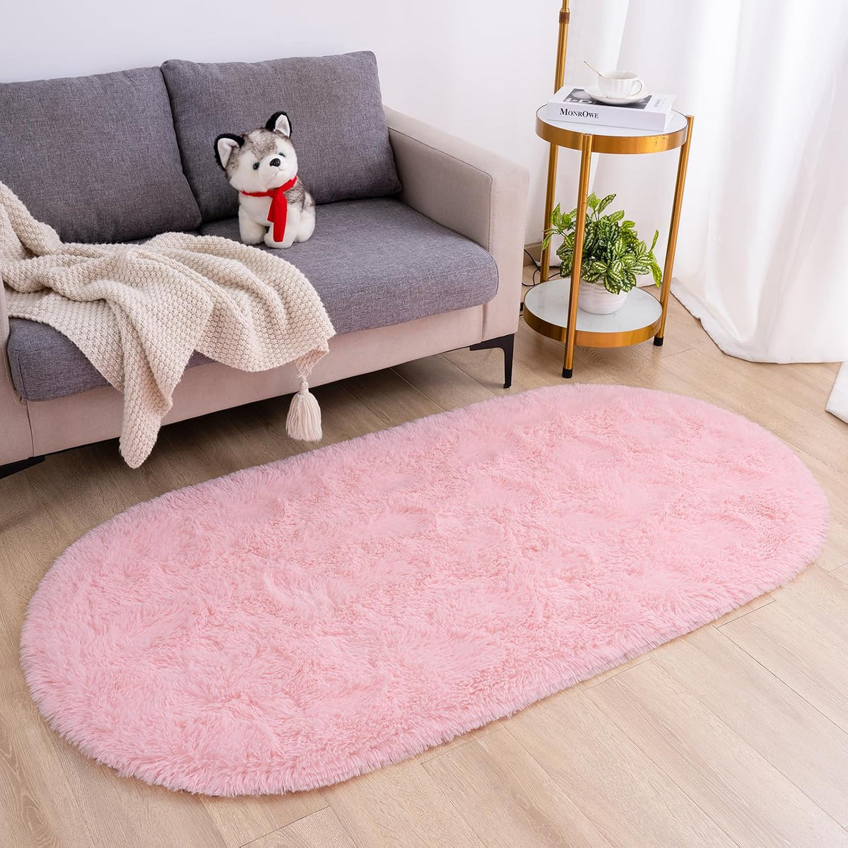 Fluffy Bedroom Rug, Small Oval Area Rugs, Pink Shag Bedside Carpet for Kids Room Nursery Dorm Cute Fuzzy Indoor Decor for Boy and Girl, 2.6 x 5.3 Feet
