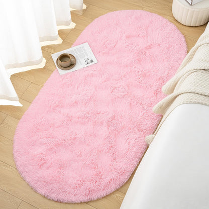 Fluffy Bedroom Rug, Small Oval Area Rugs, Pink Shag Bedside Carpet for Kids Room Nursery Dorm Cute Fuzzy Indoor Decor for Boy and Girl, 2.6 x 5.3 Feet