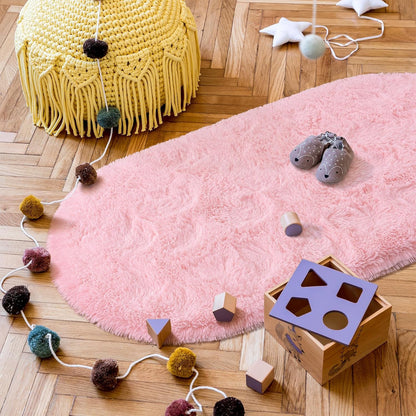 Fluffy Bedroom Rug, Small Oval Area Rugs, Pink Shag Bedside Carpet for Kids Room Nursery Dorm Cute Fuzzy Indoor Decor for Boy and Girl, 2.6 x 5.3 Feet
