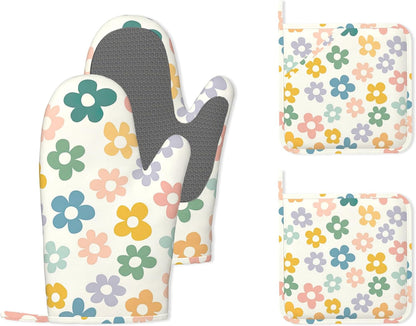 Abstract Groovy Flower Pink Heat-Resistant Silicone Oven Mitts and Pot Holder 4 Piece Set,Non-Slip Kitchen Oven Gloves for Baking, BBQ, Cooking,Grilling