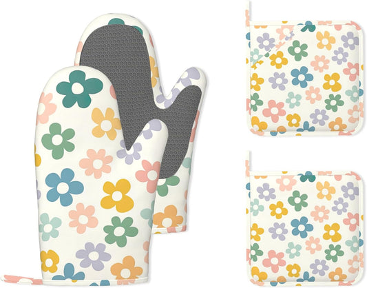 Abstract Groovy Flower Pink Heat-Resistant Silicone Oven Mitts and Pot Holder 4 Piece Set,Non-Slip Kitchen Oven Gloves for Baking, BBQ, Cooking,Grilling