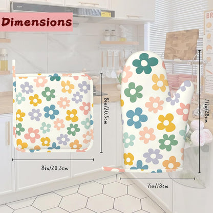 Abstract Groovy Flower Pink Heat-Resistant Silicone Oven Mitts and Pot Holder 4 Piece Set,Non-Slip Kitchen Oven Gloves for Baking, BBQ, Cooking,Grilling