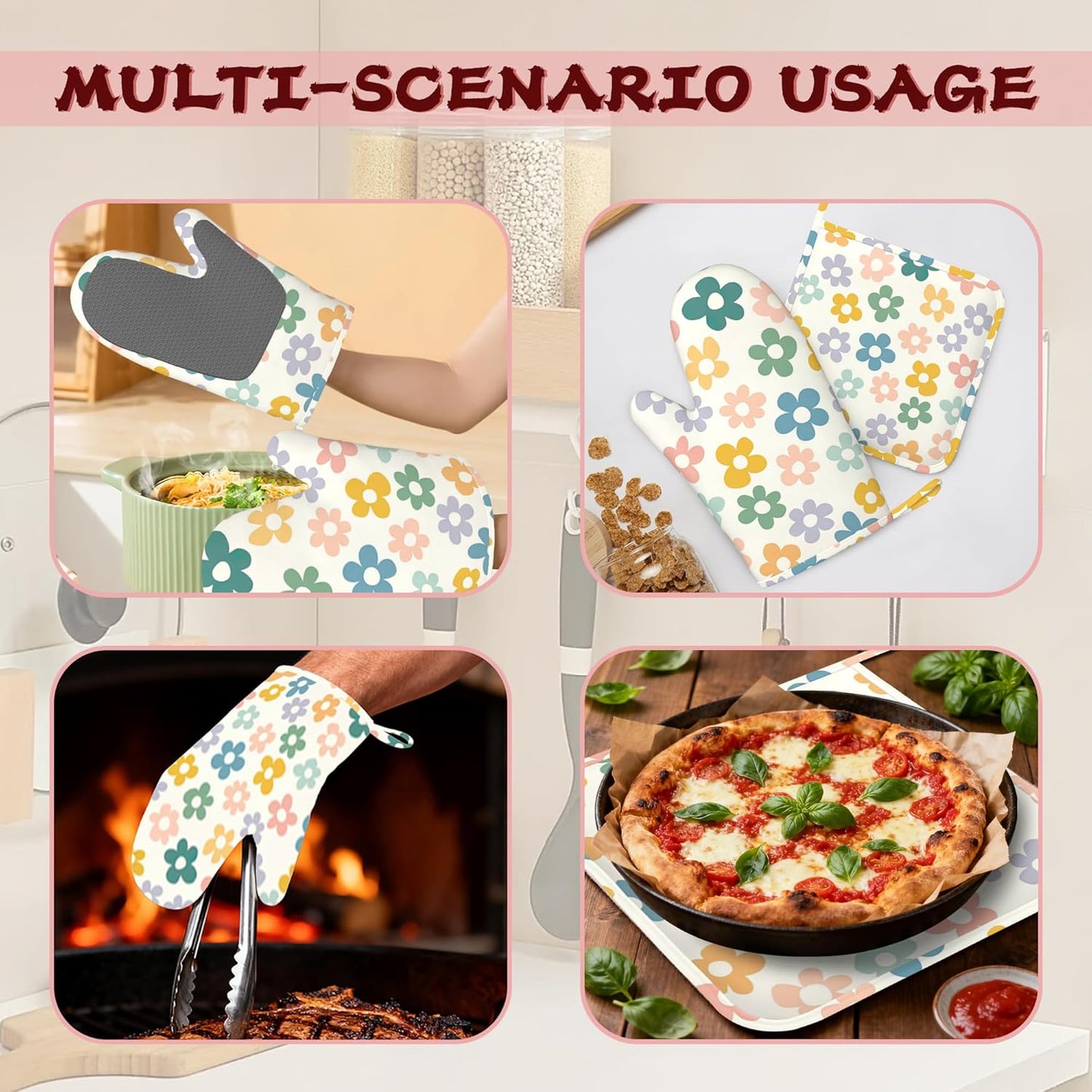 Abstract Groovy Flower Pink Heat-Resistant Silicone Oven Mitts and Pot Holder 4 Piece Set,Non-Slip Kitchen Oven Gloves for Baking, BBQ, Cooking,Grilling