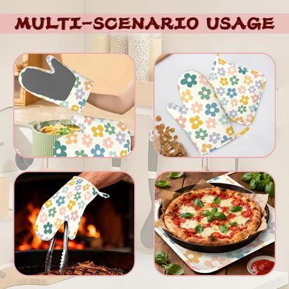 Abstract Groovy Flower Pink Heat-Resistant Silicone Oven Mitts and Pot Holder 4 Piece Set,Non-Slip Kitchen Oven Gloves for Baking, BBQ, Cooking,Grilling