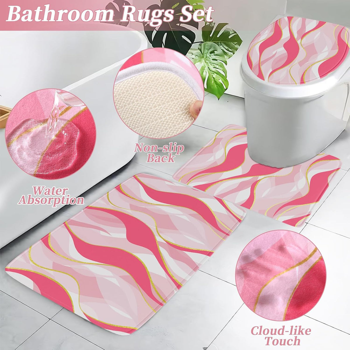XLHOMO Bathroom Set - Pink and Gold Bathroom Accessories, Bathroom Sets with Shower Curtain and Rugs, Pink Shower Curtain Set with Bathroom Trash Can, Soap Dispenser, Soap Dish for Home Decor