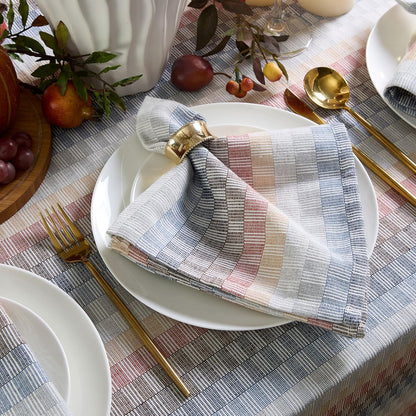 Home Bargains Plus Chester Blue and Terracotta Fabric Napkins, Set of 8, Multicolor Geometric Striped Woven Cotton-Blend Easy Care Cloth Napkins