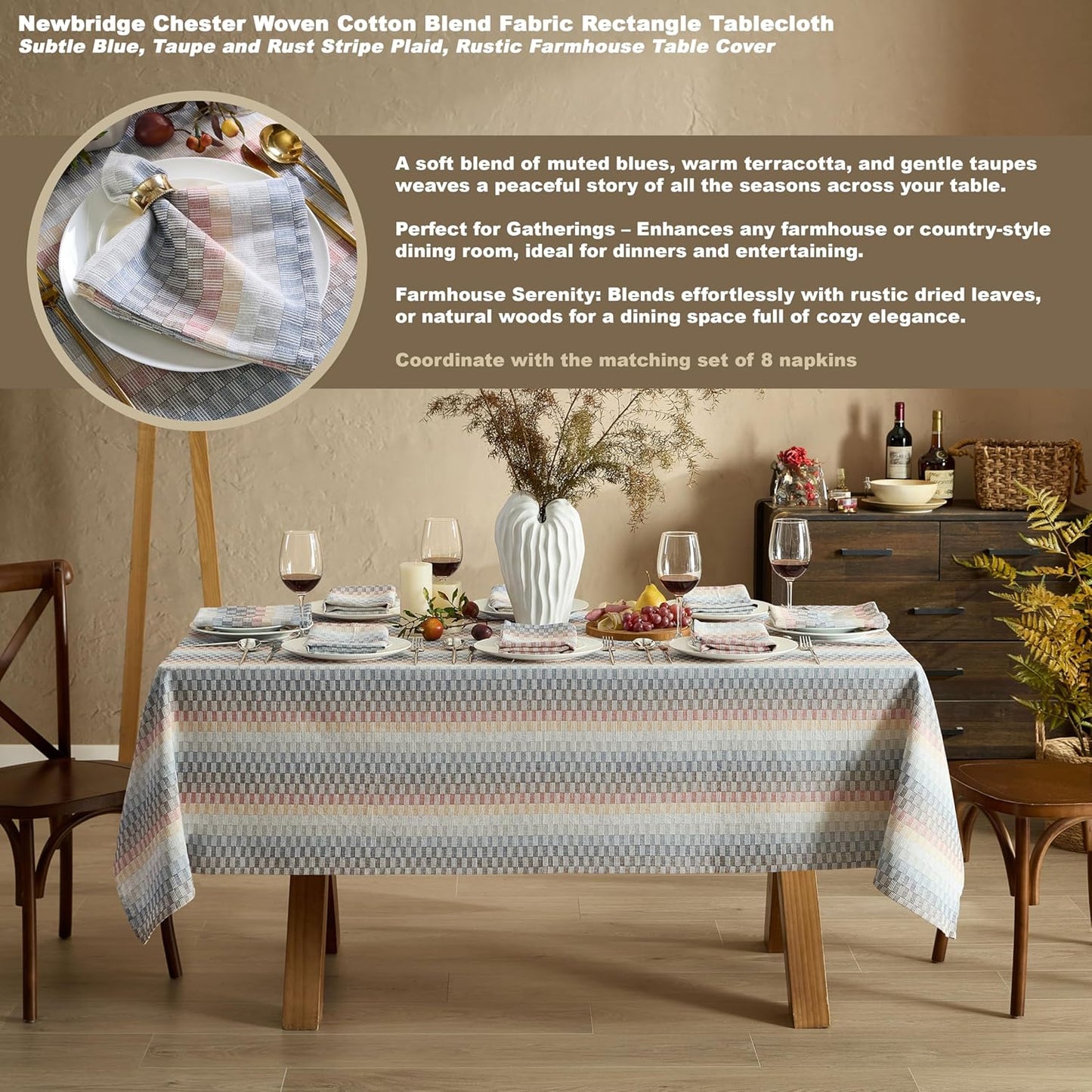 Home Bargains Plus Chester Blue and Terracotta Fabric Napkins, Set of 8, Multicolor Geometric Striped Woven Cotton-Blend Easy Care Cloth Napkins
