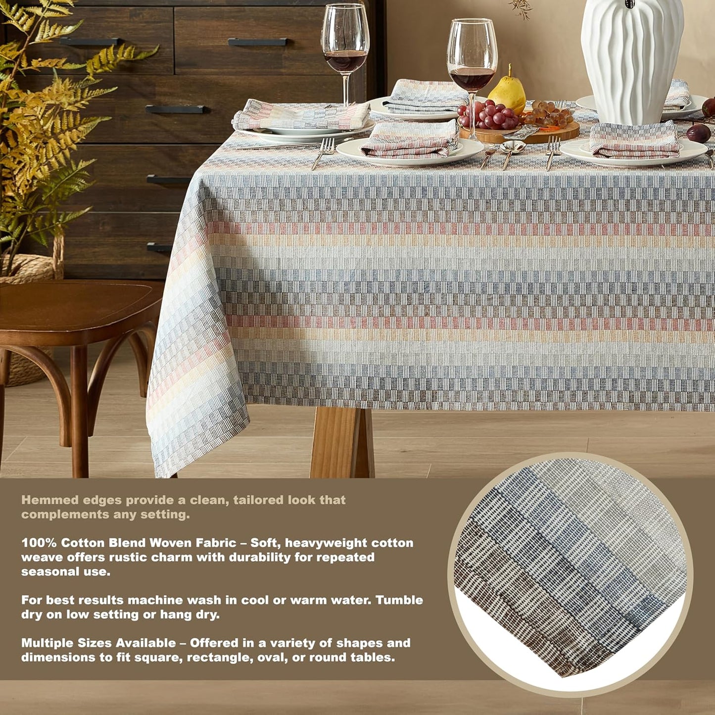 Home Bargains Plus Chester Blue and Terracotta Fabric Napkins, Set of 8, Multicolor Geometric Striped Woven Cotton-Blend Easy Care Cloth Napkins