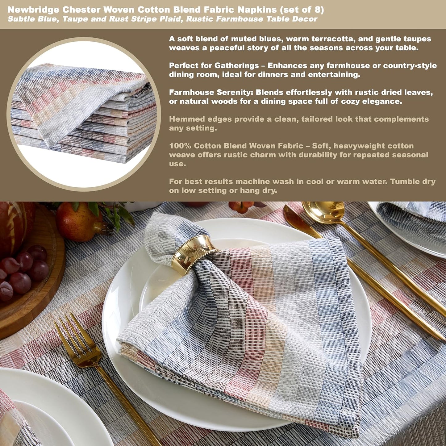 Home Bargains Plus Chester Blue and Terracotta Fabric Napkins, Set of 8, Multicolor Geometric Striped Woven Cotton-Blend Easy Care Cloth Napkins