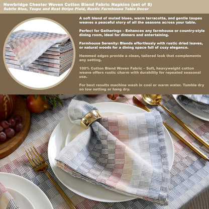 Home Bargains Plus Chester Blue and Terracotta Fabric Napkins, Set of 8, Multicolor Geometric Striped Woven Cotton-Blend Easy Care Cloth Napkins