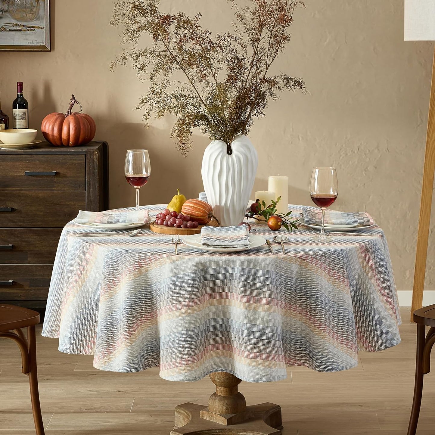 Home Bargains Plus Chester Blue and Terracotta Fabric Napkins, Set of 8, Multicolor Geometric Striped Woven Cotton-Blend Easy Care Cloth Napkins