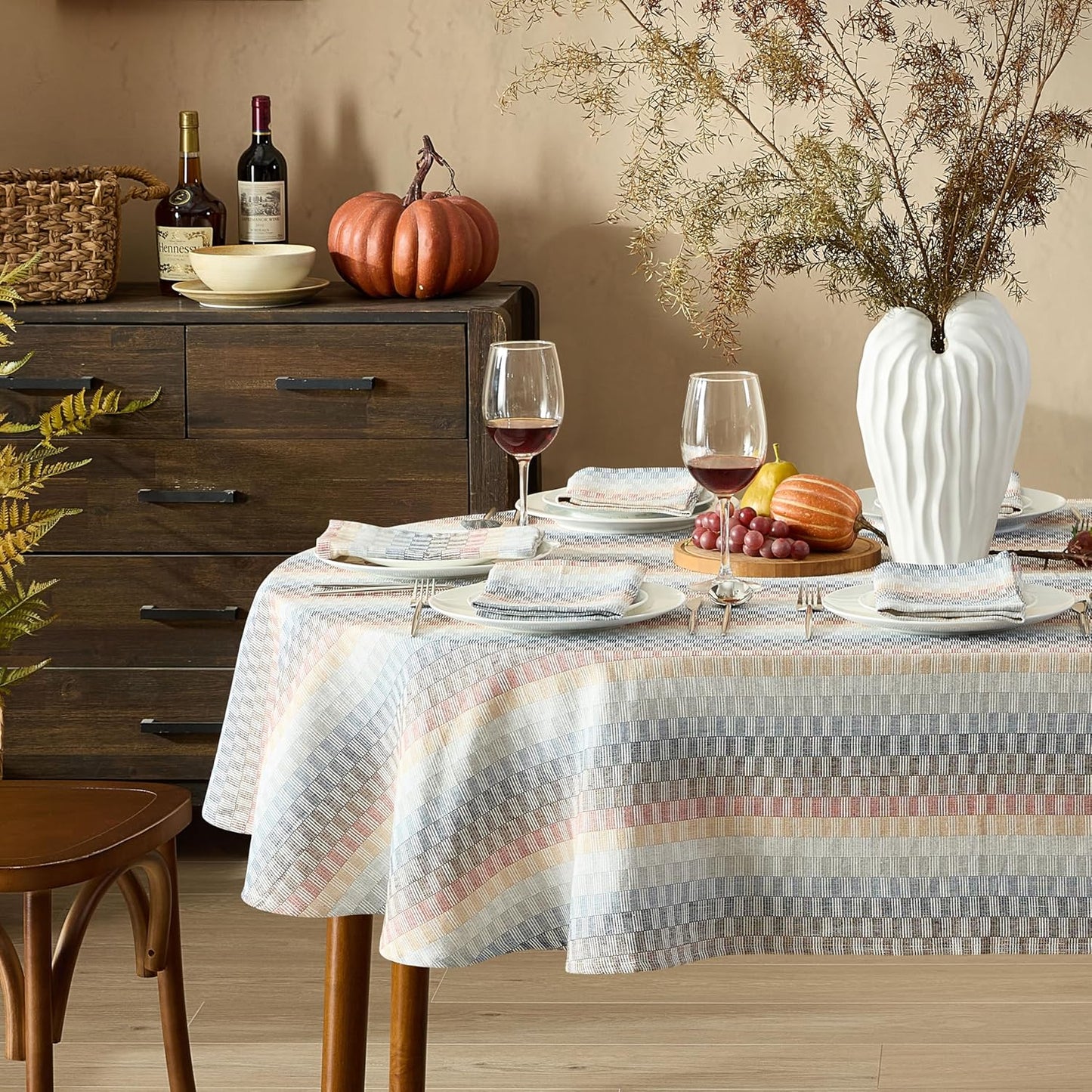 Home Bargains Plus Chester Blue and Terracotta Fabric Napkins, Set of 8, Multicolor Geometric Striped Woven Cotton-Blend Easy Care Cloth Napkins