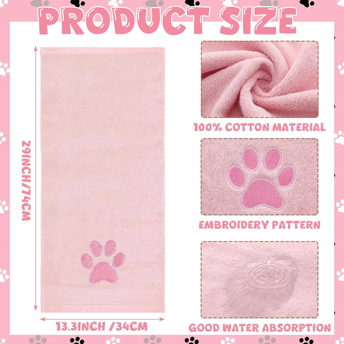 2 Pcs Dog Paw Hand Towels for Bathroom 13x29 in Cotton, Pink