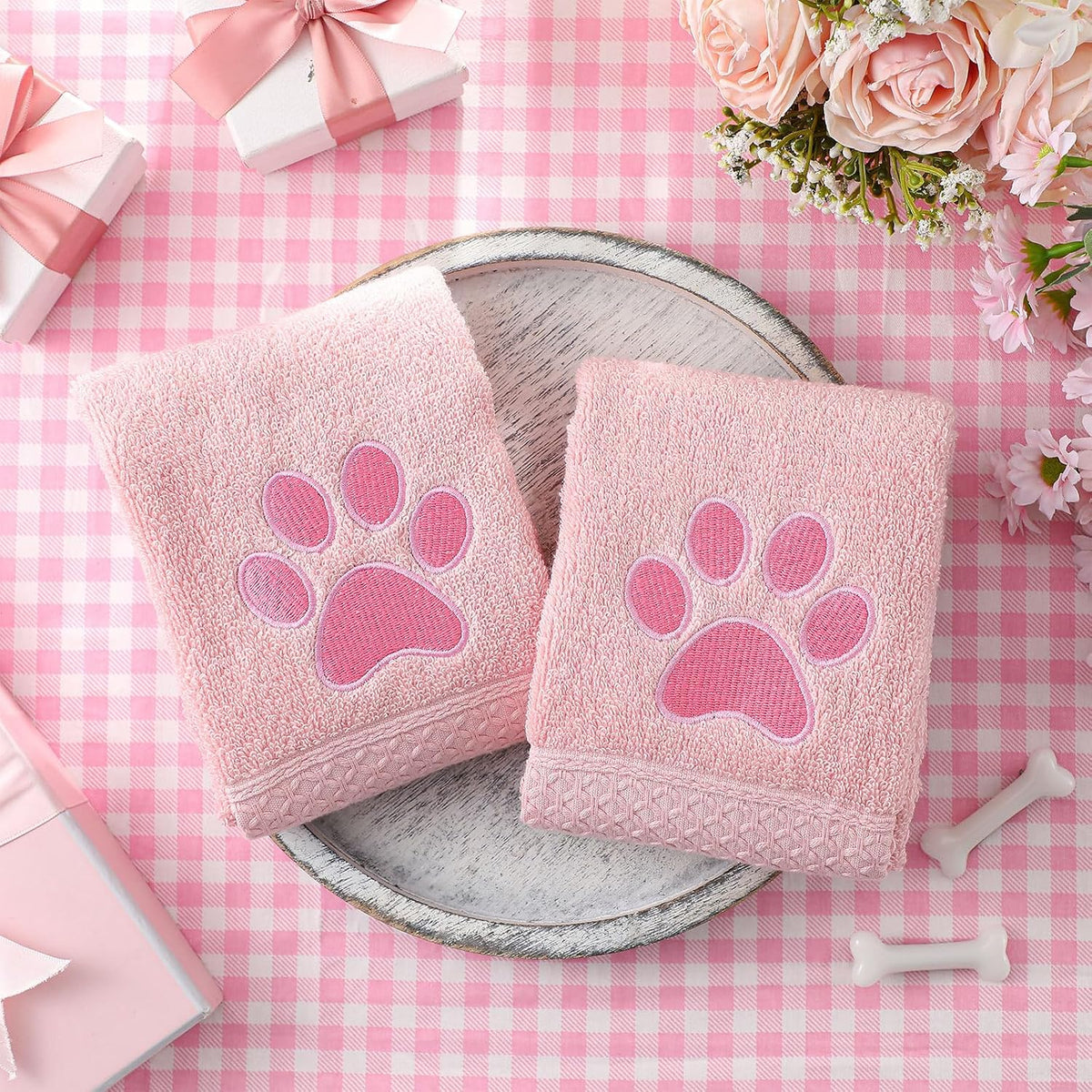 2 Pcs Dog Paw Hand Towels for Bathroom 13x29 in Cotton, Pink