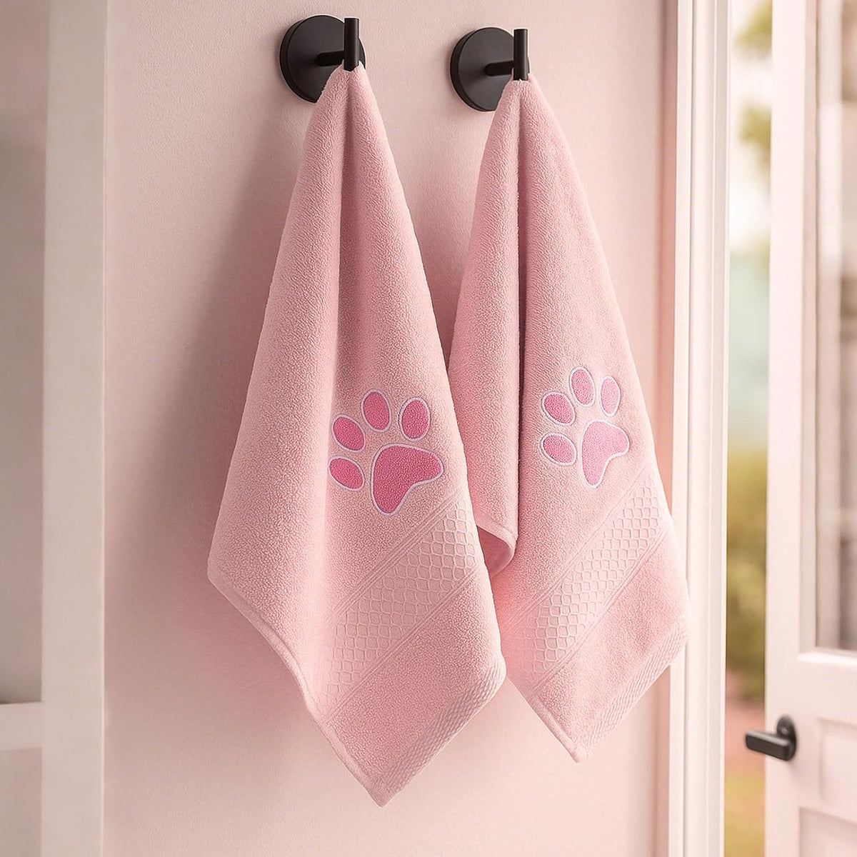 2 Pcs Dog Paw Hand Towels for Bathroom 13x29 in Cotton, Pink