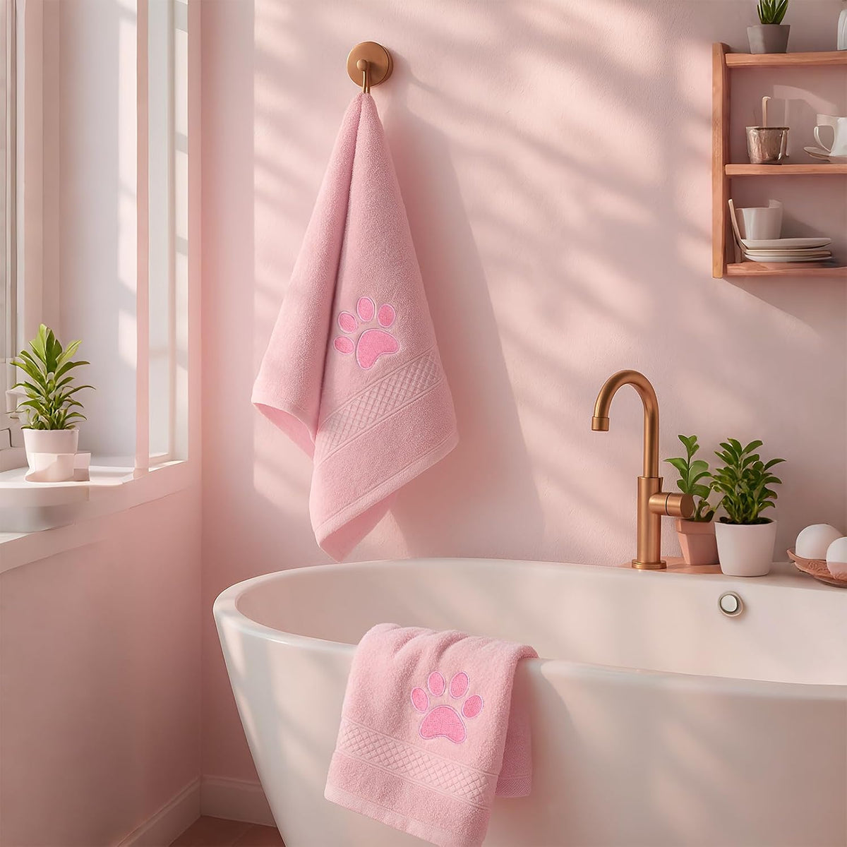 2 Pcs Dog Paw Hand Towels for Bathroom 13x29 in Cotton, Pink