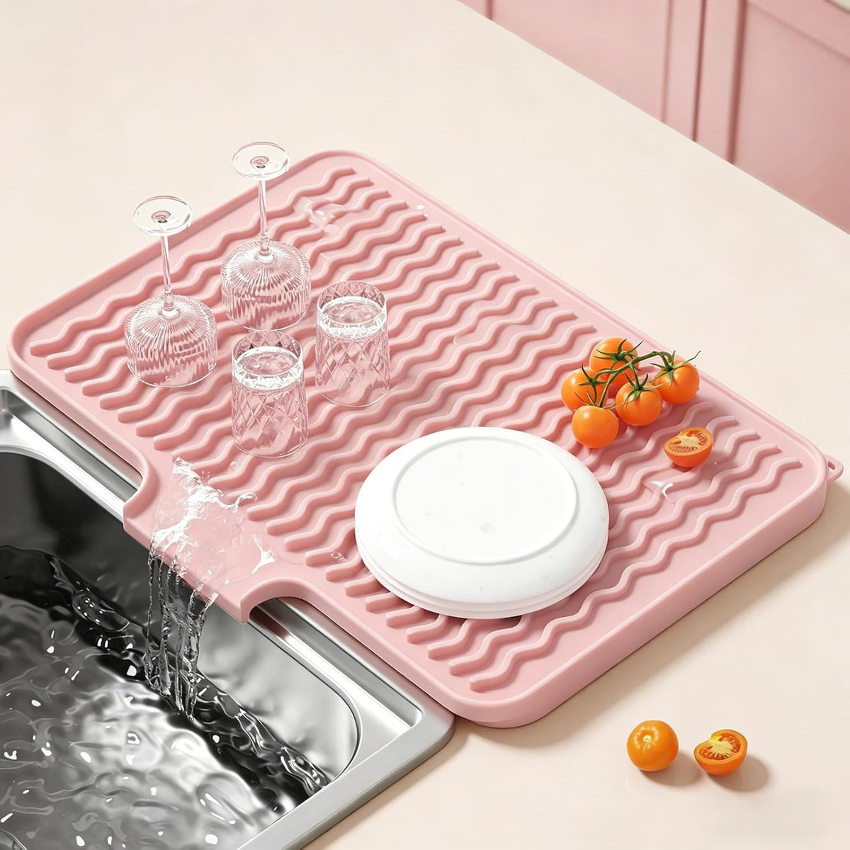 Silicone Dish Drying Mat for Kitchen Counter, 16 x 12" Drainer Pad with Drainage Spout, Easy Clean Dish Rack Mat for Dishes, Non-Slip Countertop Protector Heat Resistant Trivet, Utensils, Pink