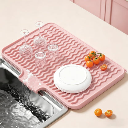 Silicone Dish Drying Mat for Kitchen Counter, 16 x 12" Drainer Pad with Drainage Spout, Easy Clean Dish Rack Mat for Dishes, Non-Slip Countertop Protector Heat Resistant Trivet, Utensils, Pink
