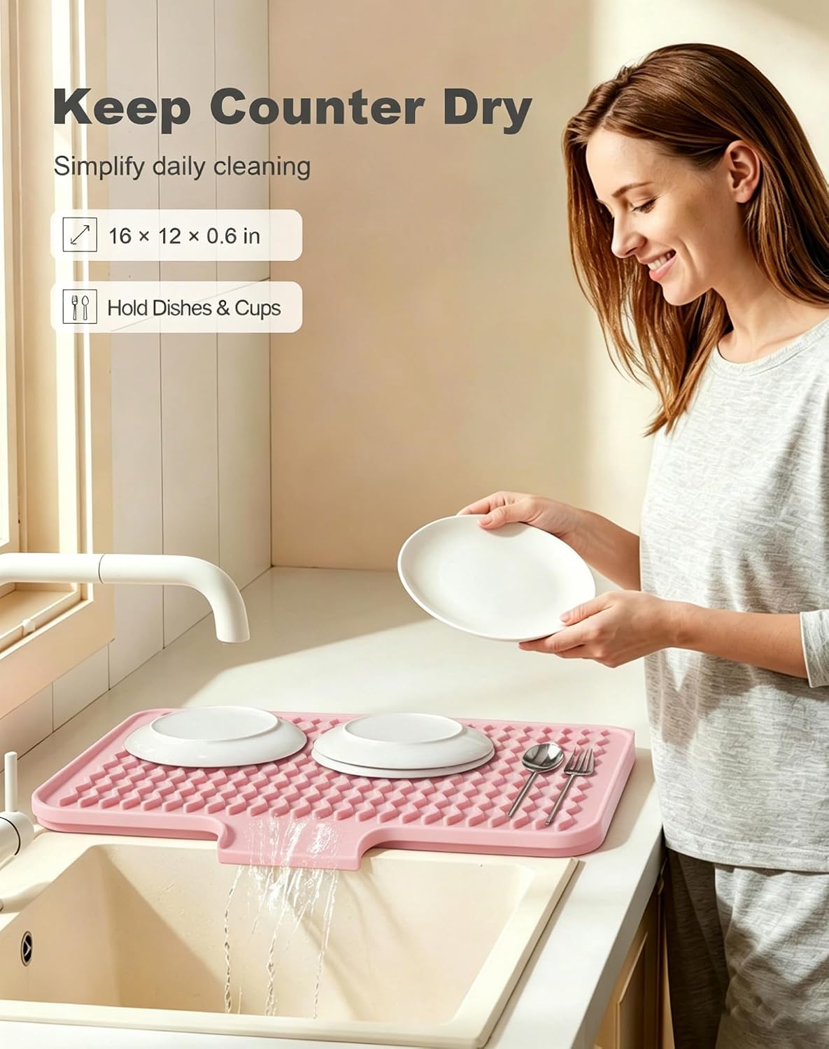 Silicone Dish Drying Mat for Kitchen Counter, 16 x 12" Drainer Pad with Drainage Spout, Easy Clean Dish Rack Mat for Dishes, Non-Slip Countertop Protector Heat Resistant Trivet, Utensils, Pink