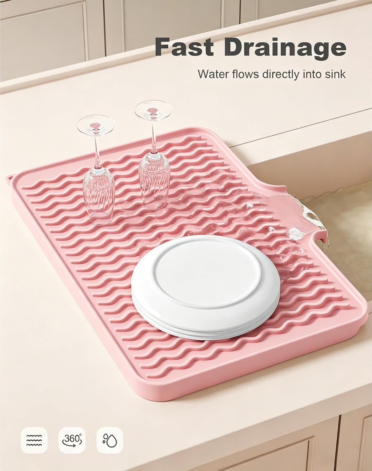 Silicone Dish Drying Mat for Kitchen Counter, 16 x 12" Drainer Pad with Drainage Spout, Easy Clean Dish Rack Mat for Dishes, Non-Slip Countertop Protector Heat Resistant Trivet, Utensils, Pink