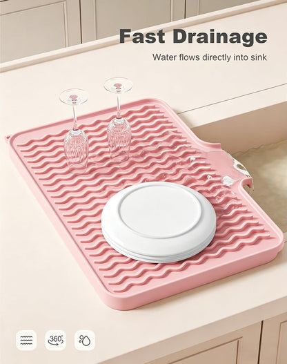 Silicone Dish Drying Mat for Kitchen Counter, 16 x 12" Drainer Pad with Drainage Spout, Easy Clean Dish Rack Mat for Dishes, Non-Slip Countertop Protector Heat Resistant Trivet, Utensils, Pink