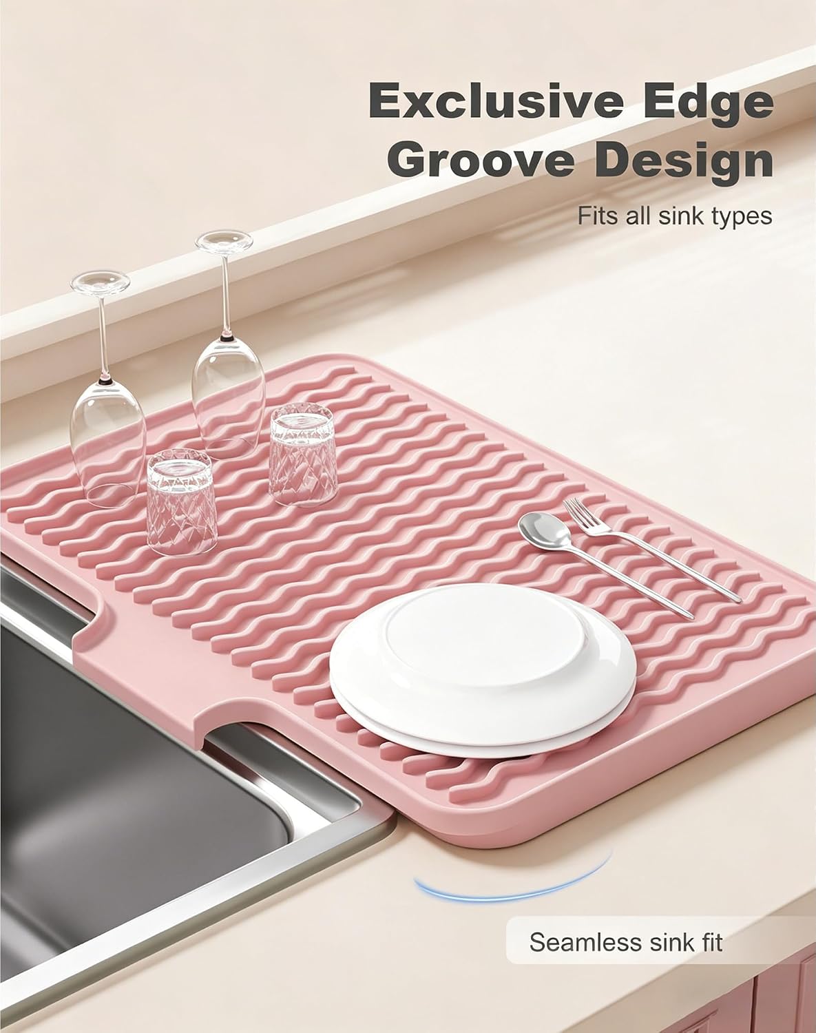 Silicone Dish Drying Mat for Kitchen Counter, 16 x 12" Drainer Pad with Drainage Spout, Easy Clean Dish Rack Mat for Dishes, Non-Slip Countertop Protector Heat Resistant Trivet, Utensils, Pink