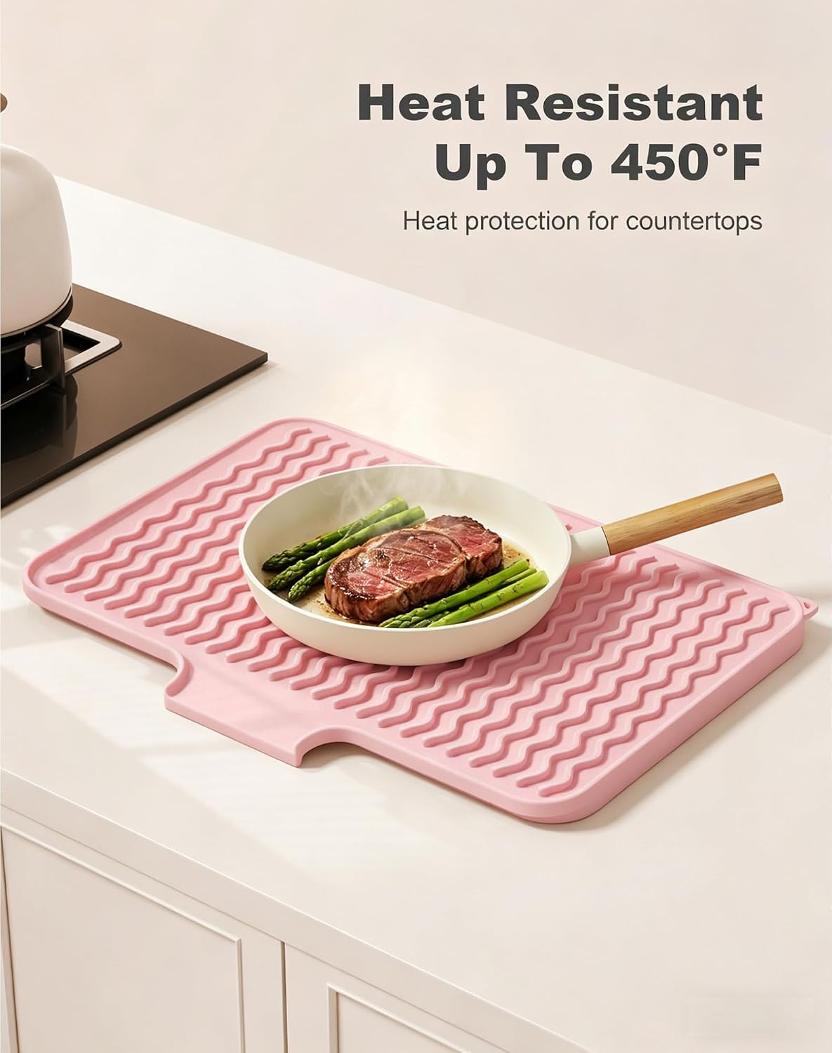 Silicone Dish Drying Mat for Kitchen Counter, 16 x 12" Drainer Pad with Drainage Spout, Easy Clean Dish Rack Mat for Dishes, Non-Slip Countertop Protector Heat Resistant Trivet, Utensils, Pink