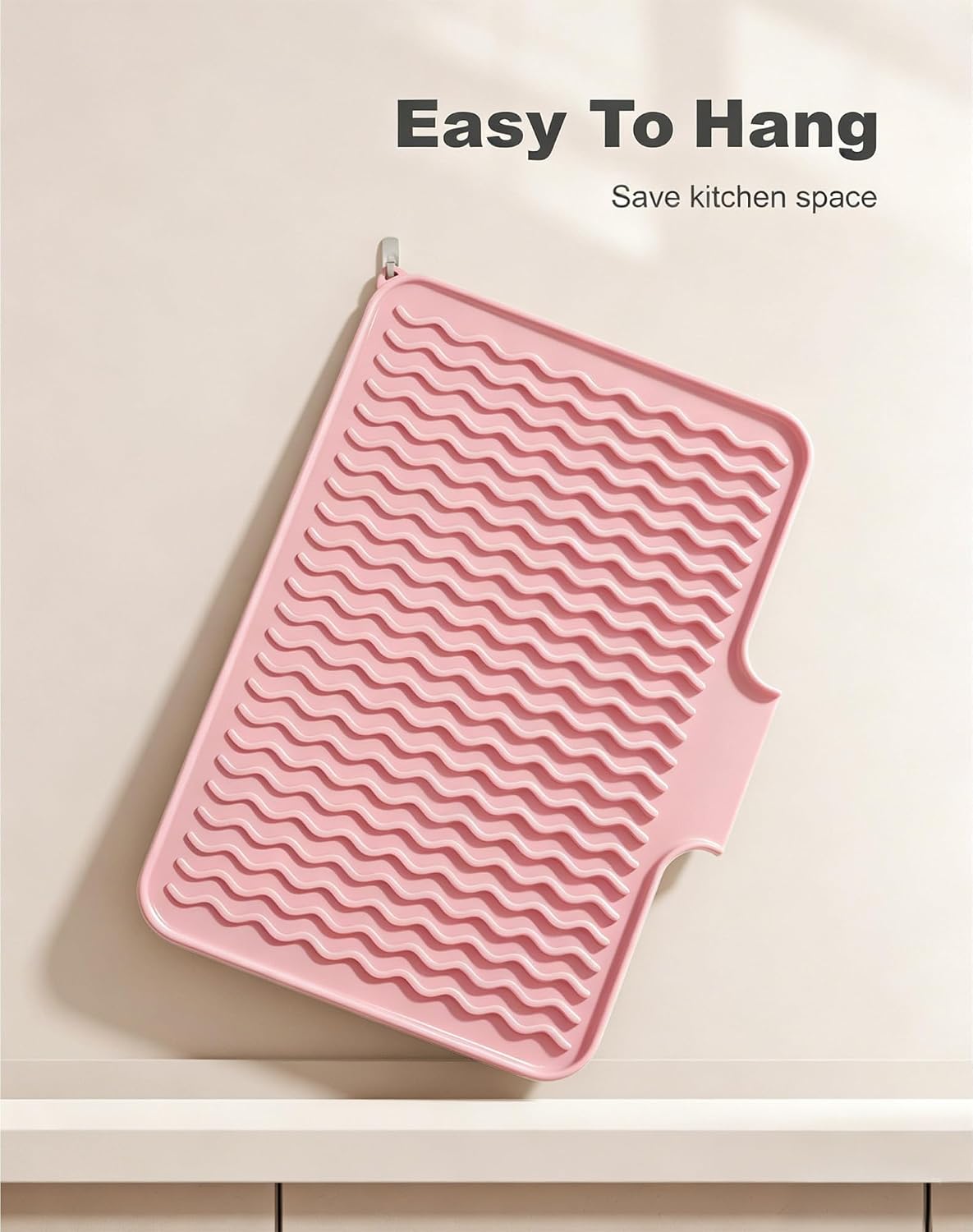 Silicone Dish Drying Mat for Kitchen Counter, 16 x 12" Drainer Pad with Drainage Spout, Easy Clean Dish Rack Mat for Dishes, Non-Slip Countertop Protector Heat Resistant Trivet, Utensils, Pink