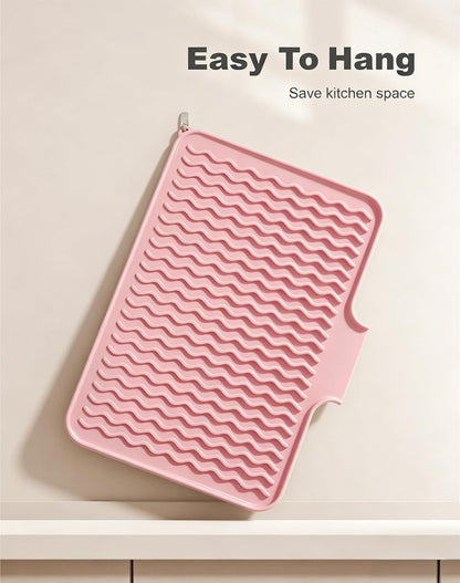 Silicone Dish Drying Mat for Kitchen Counter, 16 x 12" Drainer Pad with Drainage Spout, Easy Clean Dish Rack Mat for Dishes, Non-Slip Countertop Protector Heat Resistant Trivet, Utensils, Pink