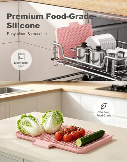 Silicone Dish Drying Mat for Kitchen Counter, 16 x 12" Drainer Pad with Drainage Spout, Easy Clean Dish Rack Mat for Dishes, Non-Slip Countertop Protector Heat Resistant Trivet, Utensils, Pink