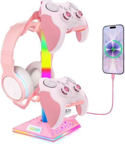 RGB Gaming Headphones Stand with 2 USB Ports, Pink Headset Stand with 10 Light Modes and Non-Slip Rubber, Suitable for PC Desk Accessories Gamers Gift(Pink)