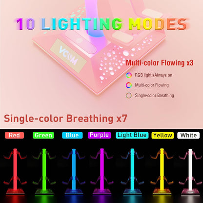 RGB Gaming Headphones Stand with 2 USB Ports, Pink Headset Stand with 10 Light Modes and Non-Slip Rubber, Suitable for PC Desk Accessories Gamers Gift(Pink)