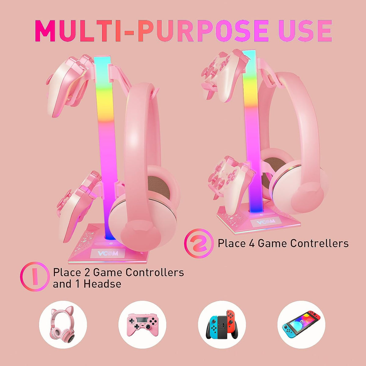 RGB Gaming Headphones Stand with 2 USB Ports, Pink Headset Stand with 10 Light Modes and Non-Slip Rubber, Suitable for PC Desk Accessories Gamers Gift(Pink)