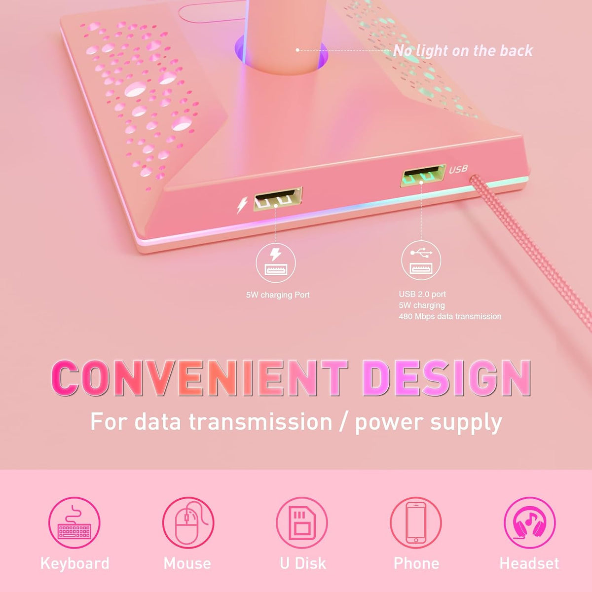 RGB Gaming Headphones Stand with 2 USB Ports, Pink Headset Stand with 10 Light Modes and Non-Slip Rubber, Suitable for PC Desk Accessories Gamers Gift(Pink)