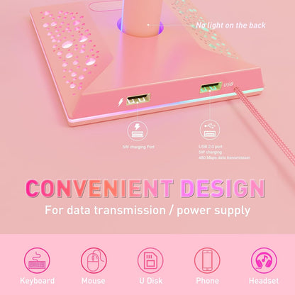 RGB Gaming Headphones Stand with 2 USB Ports, Pink Headset Stand with 10 Light Modes and Non-Slip Rubber, Suitable for PC Desk Accessories Gamers Gift(Pink)
