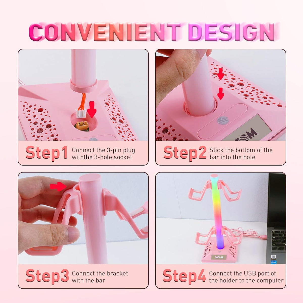 RGB Gaming Headphones Stand with 2 USB Ports, Pink Headset Stand with 10 Light Modes and Non-Slip Rubber, Suitable for PC Desk Accessories Gamers Gift(Pink)