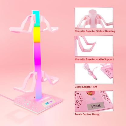 RGB Gaming Headphones Stand with 2 USB Ports, Pink Headset Stand with 10 Light Modes and Non-Slip Rubber, Suitable for PC Desk Accessories Gamers Gift(Pink)