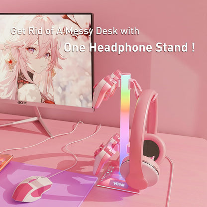 RGB Gaming Headphones Stand with 2 USB Ports, Pink Headset Stand with 10 Light Modes and Non-Slip Rubber, Suitable for PC Desk Accessories Gamers Gift(Pink)