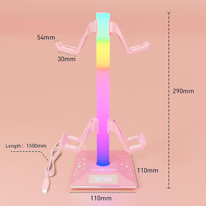 RGB Gaming Headphones Stand with 2 USB Ports, Pink Headset Stand with 10 Light Modes and Non-Slip Rubber, Suitable for PC Desk Accessories Gamers Gift(Pink)