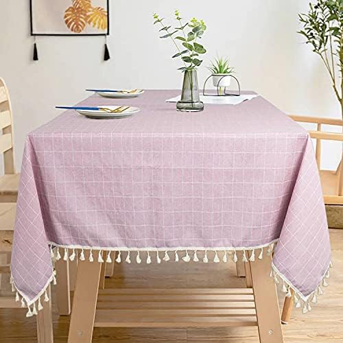 Pink & Purple Embroidered Tablecloth 55"x102" - Buffalo Plaid, Cotton, Rectangular, Washable, Rustic Decor