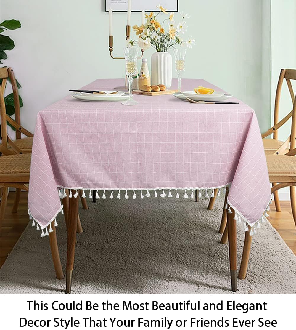 Pink & Purple Embroidered Tablecloth 55"x102" - Buffalo Plaid, Cotton, Rectangular, Washable, Rustic Decor