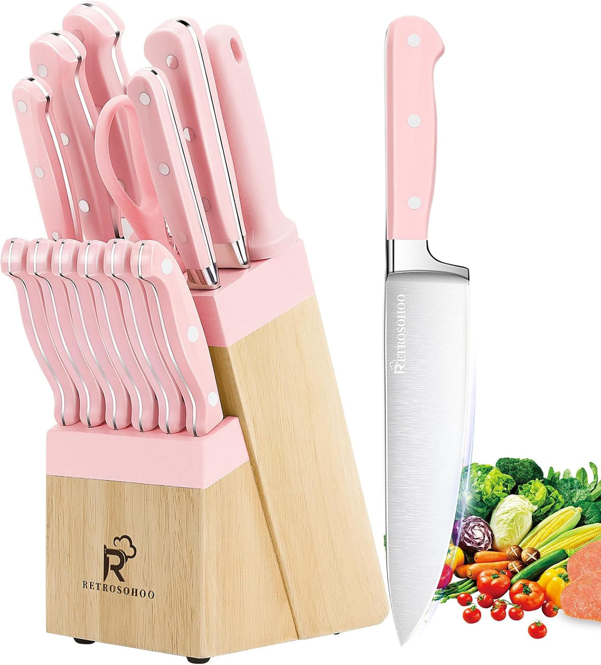 Pink Knife Set,14 Pieces Professional Kitchen Knife Set with Universal Knife Block, Super Sharp Knife Set with Ergonomic Handle Non-stick Stainless Steel Knife Block Set (Pink-14 Pieces)